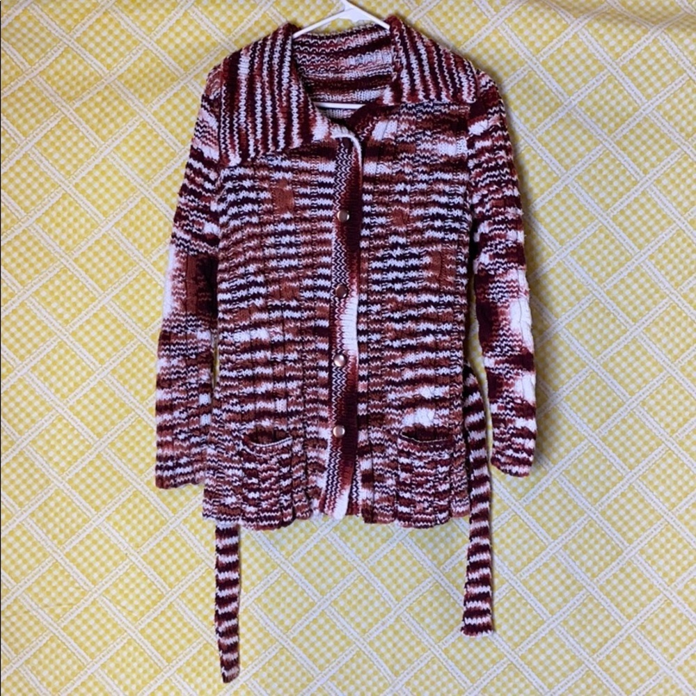 VINTAGE 70s RUSTY BROWN STRIPE KNIT BUTTON UP CARDIGAN SWEATER w tie